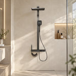 Gray digital shower system, installed in minimalist wet‑dry separated shower space