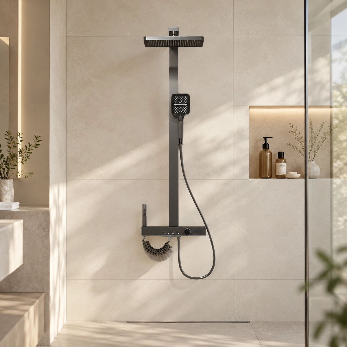 Gray digital shower system, installed in minimalist wet‑dry separated shower space
