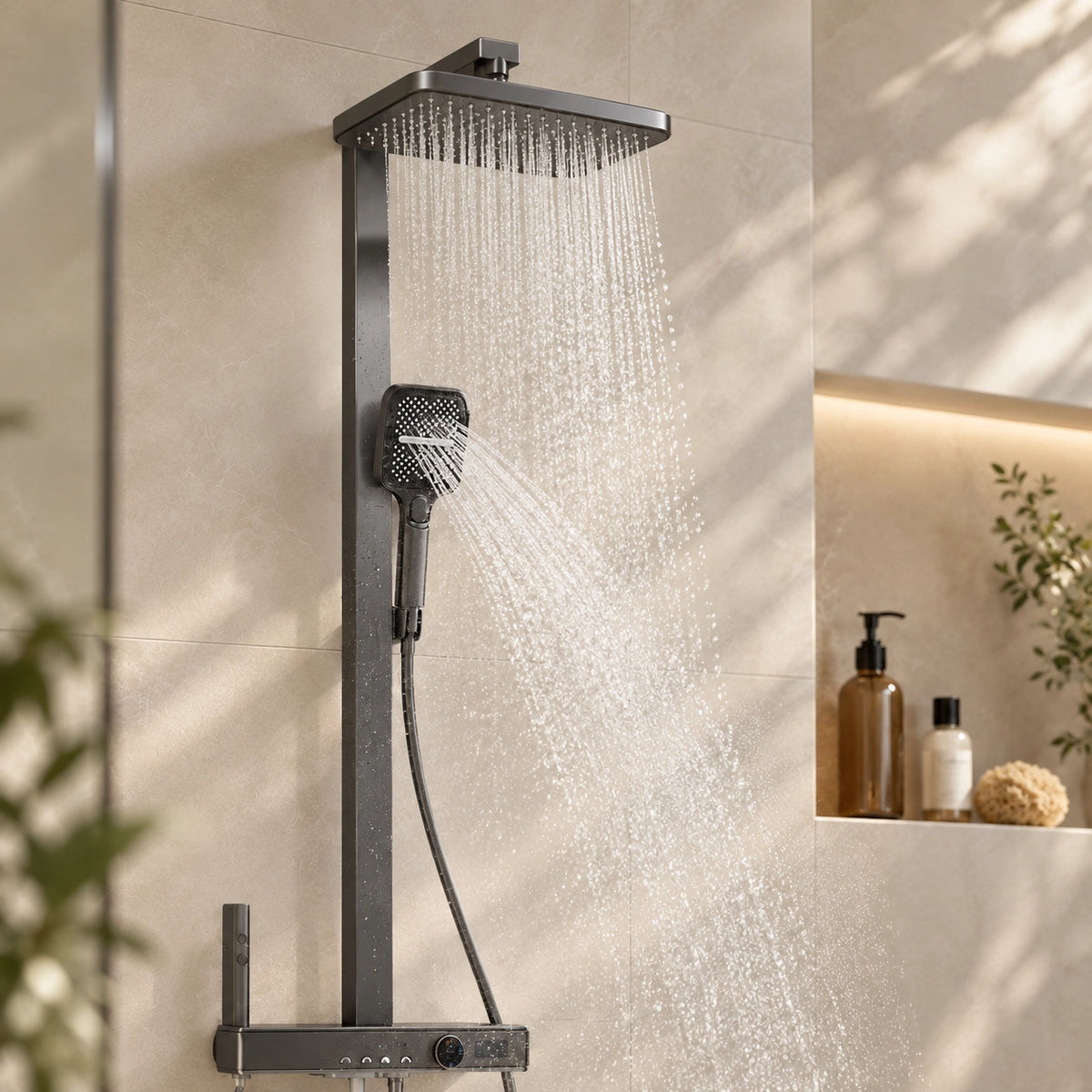 Gray 4‑function shower set, water spray demo in real bathroom