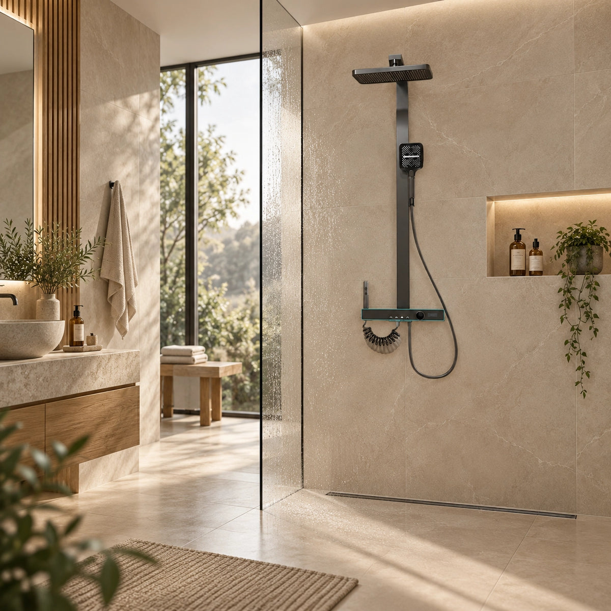 Gray thermostatic shower system, display in bright bathroom with large window
