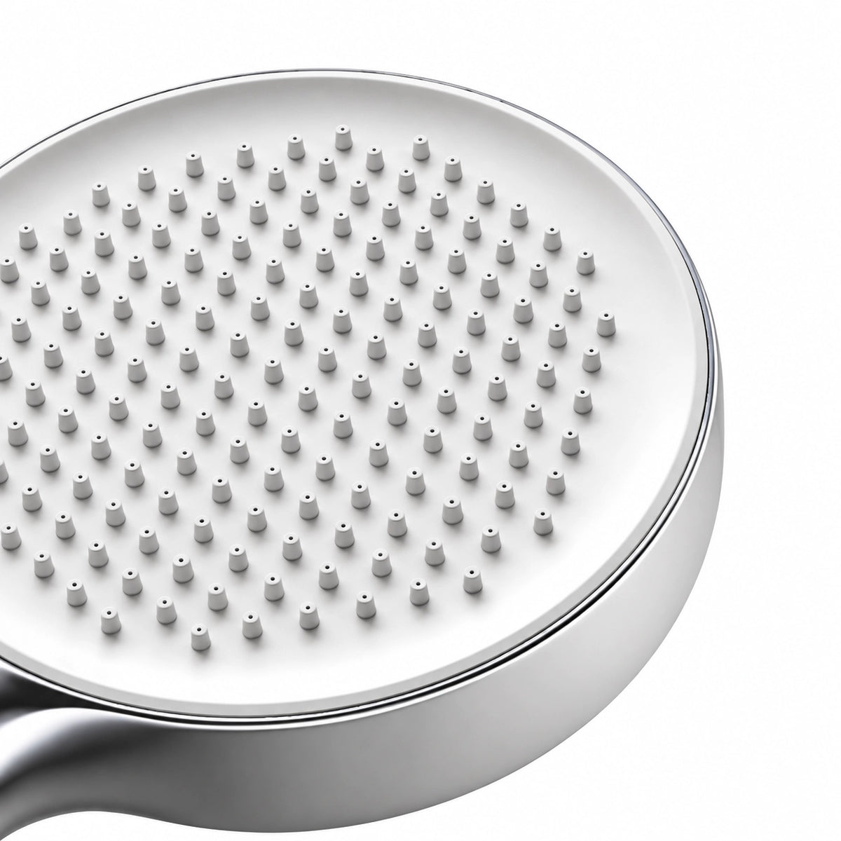 Handheld shower face, close‑up of dense silicone nozzles