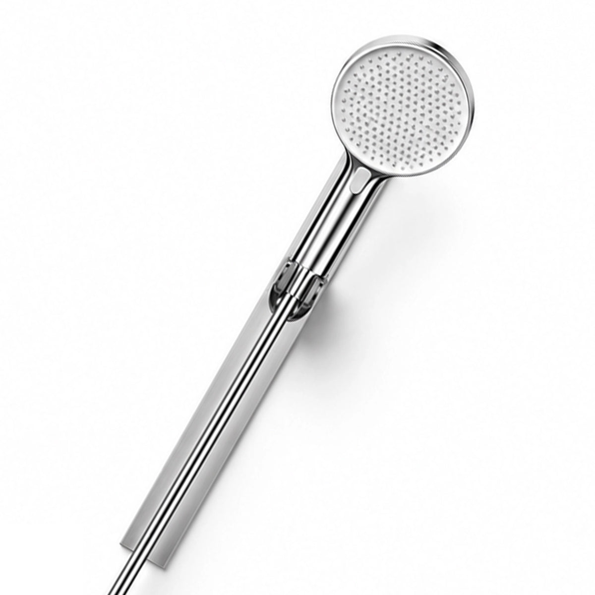 Shower head on adjustable slide bar, close‑up of mounting joint