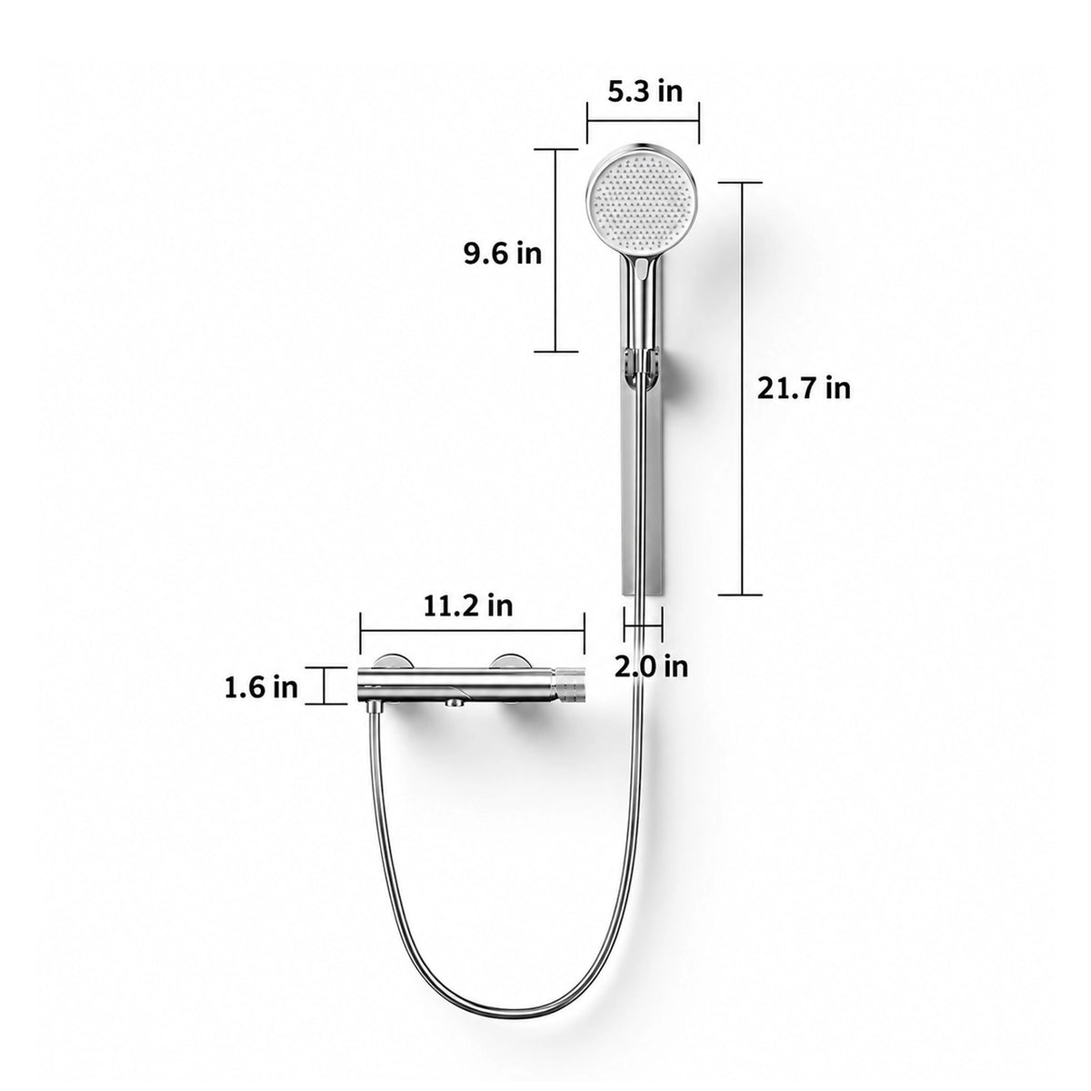 Thermostatic slide bar shower set. Shower head 5.3in, slide bar 21.7in, valve 11.2×1.6in