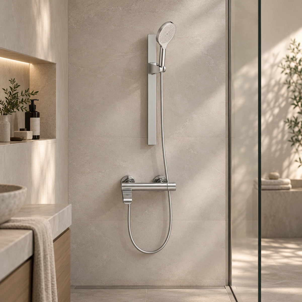 Chrome thermostatic slide bar shower set, installed in beige tiled shower room