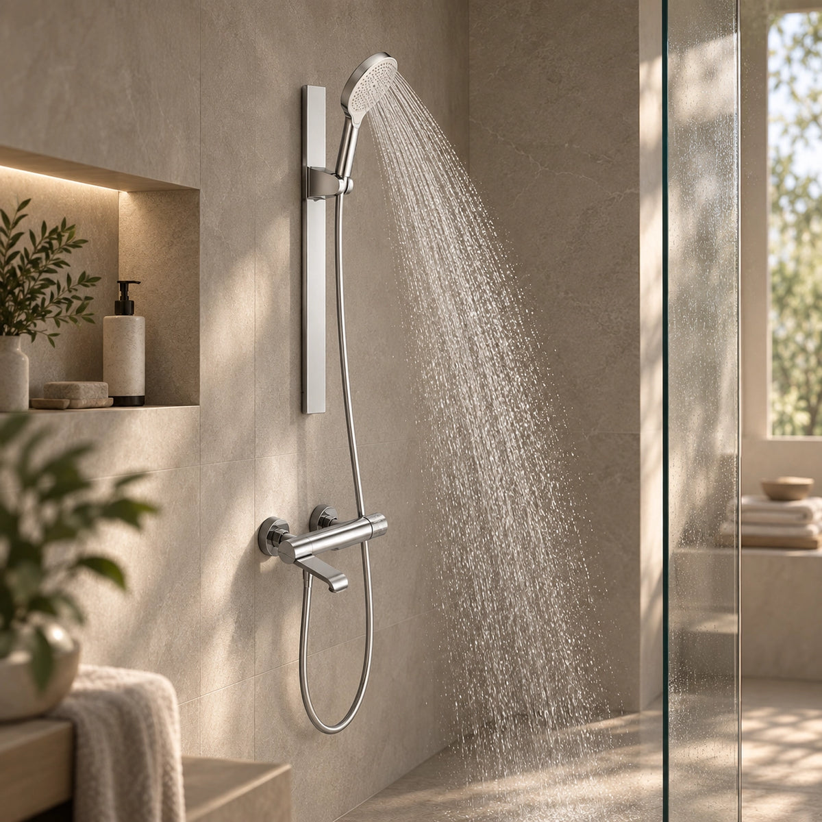 Slide bar shower set with running water, real scene of modern shower space