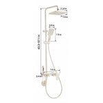 Cream 4‑function shower system, slide bar 43.3–57.1 in; rain head 11.8×7.9 in; handheld 7.9 in; valve 7.9×2.4 in