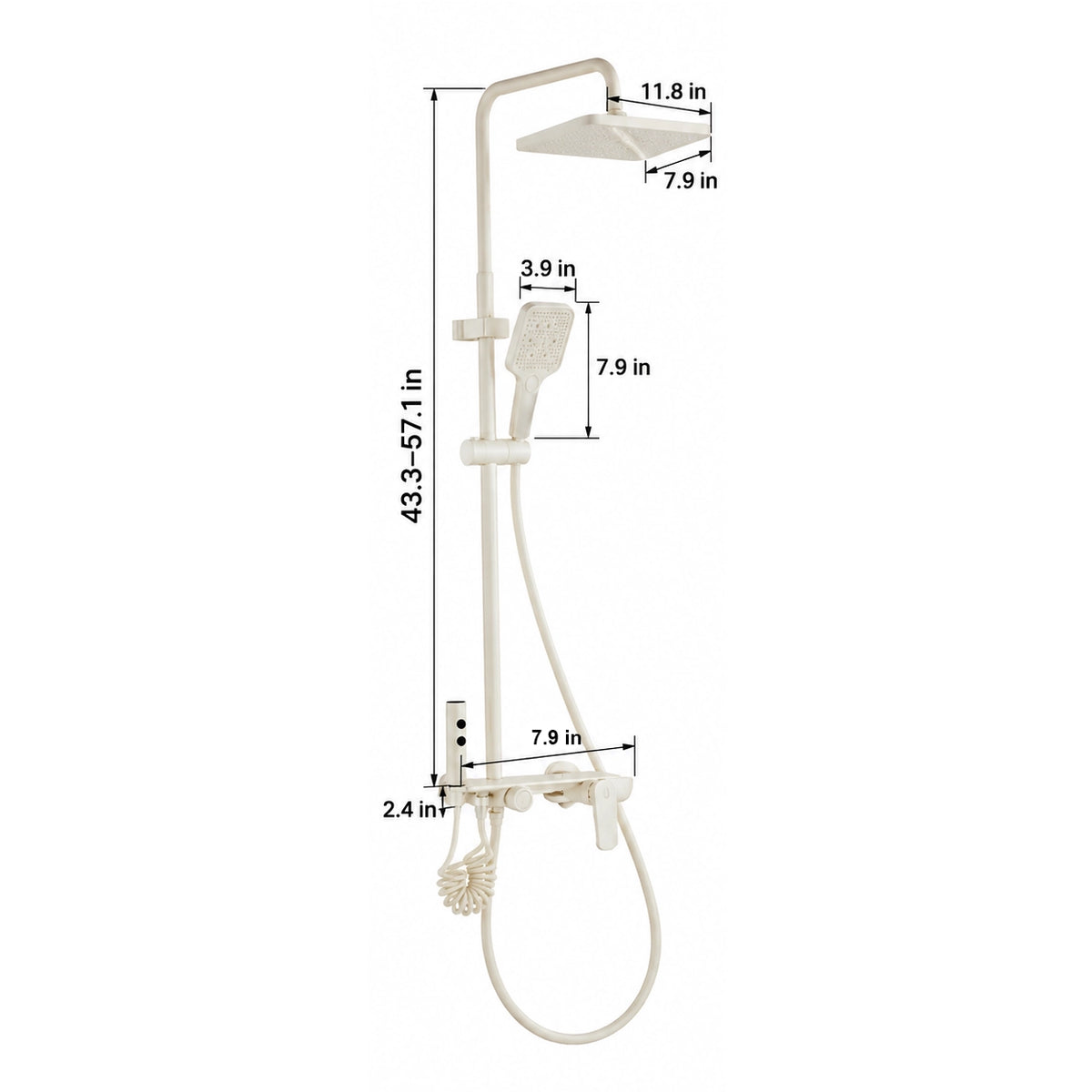Cream 4‑function shower system, slide bar 43.3–57.1 in; rain head 11.8×7.9 in; handheld 7.9 in; valve 7.9×2.4 in