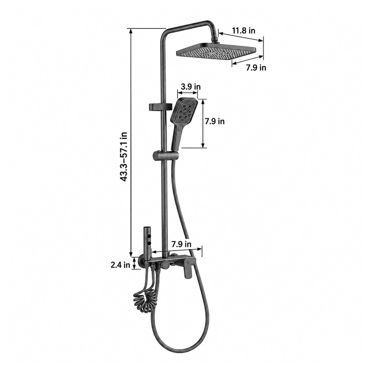 Gray 4‑function shower system, slide bar 34.6–49.6 in; rain head 11.8×7.9 in; handheld 7.9 in; valve 7.9×2.4 in