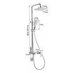 Silver 4‑function shower system, slide bar 43.3–57.1 in; rain head 11.8×7.9 in; handheld 7.9 in; valve 7.9×2.4 in