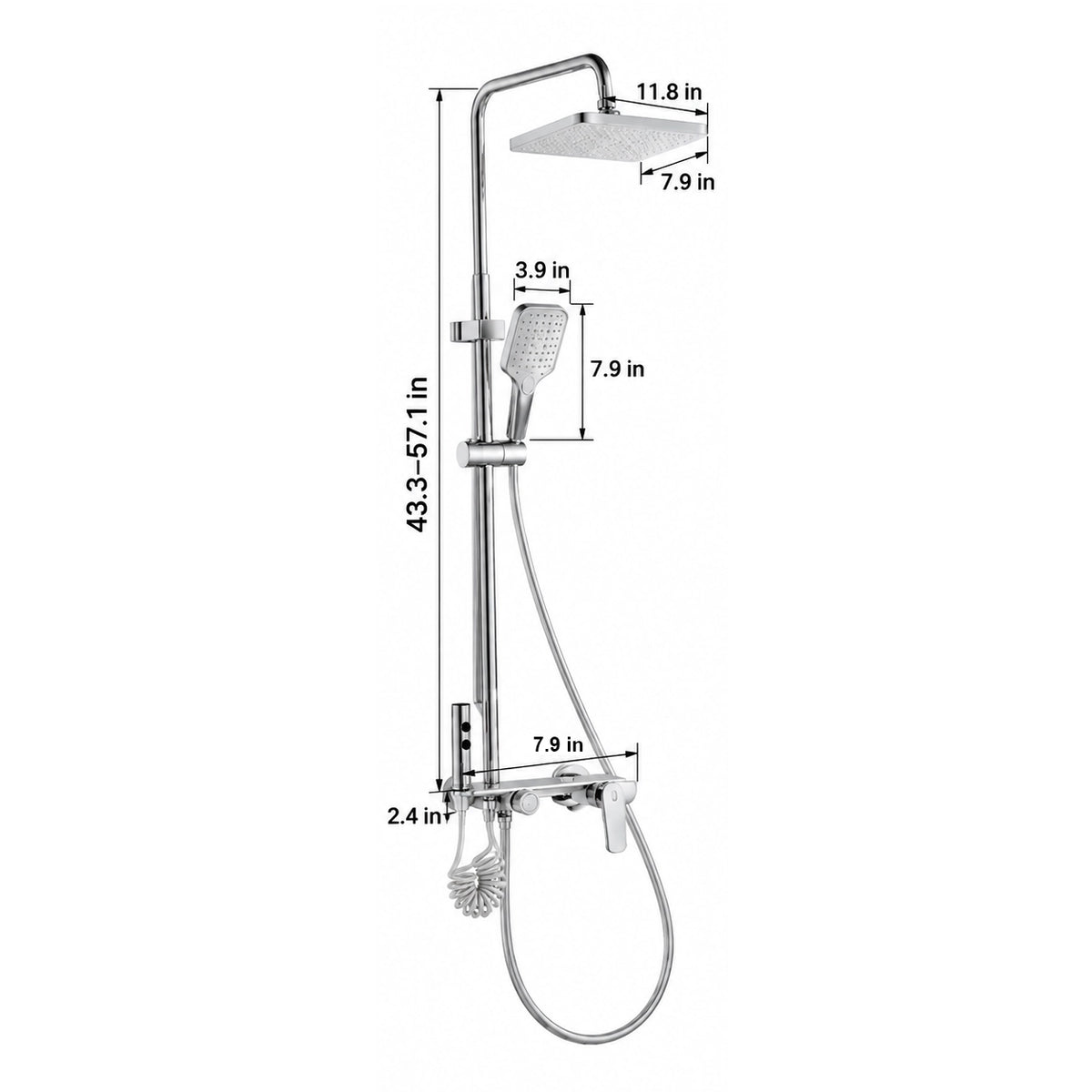 Silver 4‑function shower system, slide bar 43.3–57.1 in; rain head 11.8×7.9 in; handheld 7.9 in; valve 7.9×2.4 in