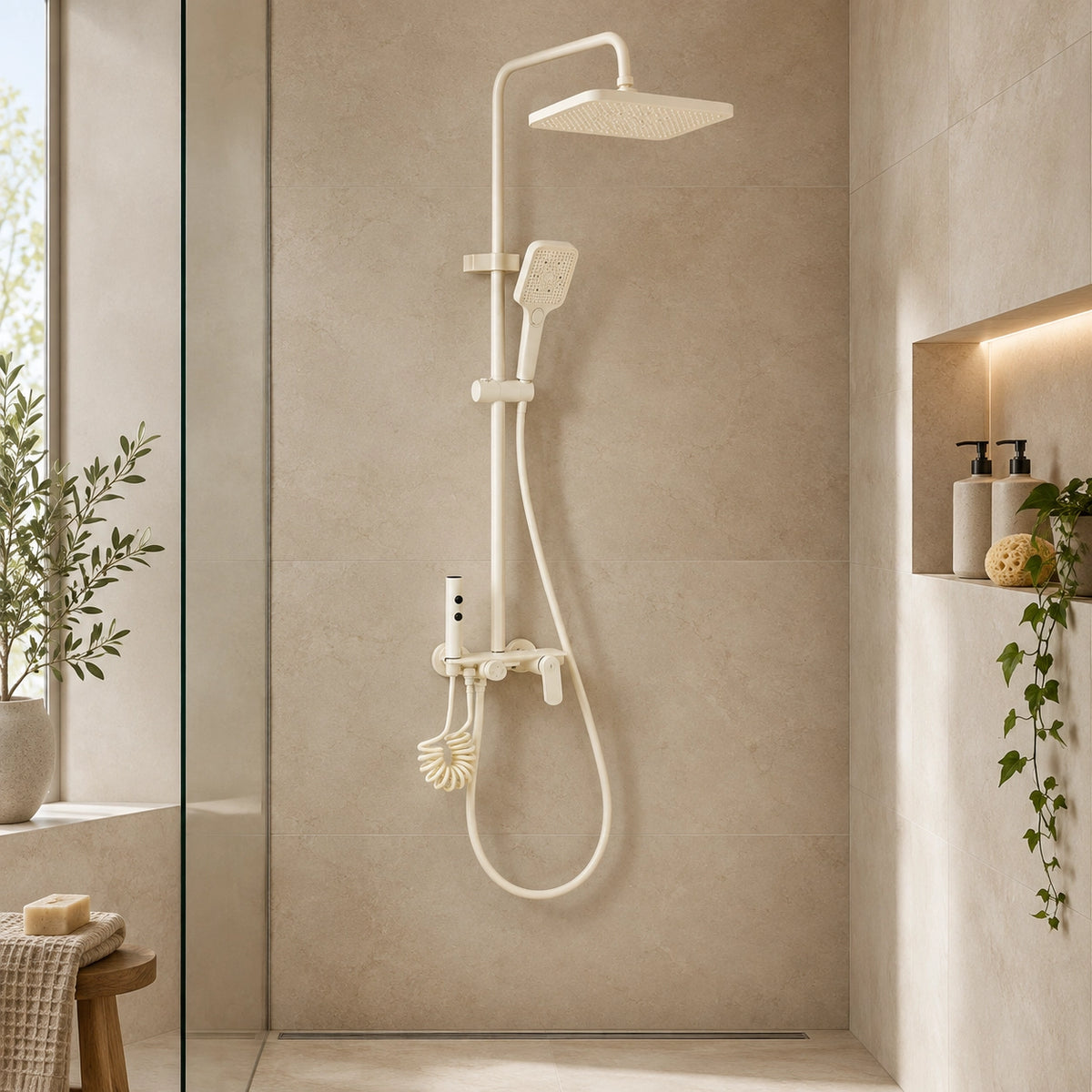 Cream 4‑function shower set, mounted in light tiled shower nook