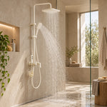 Cream shower system, water spray demo in sunlit bathroom