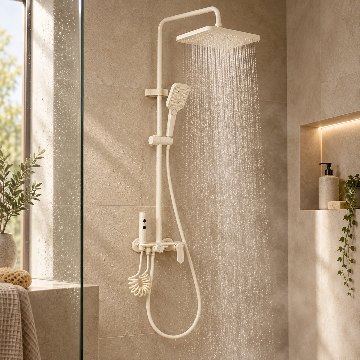 Cream square rain shower set, minimalist bathroom shower area