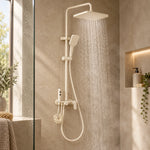 Cream square rain shower set, minimalist bathroom shower area