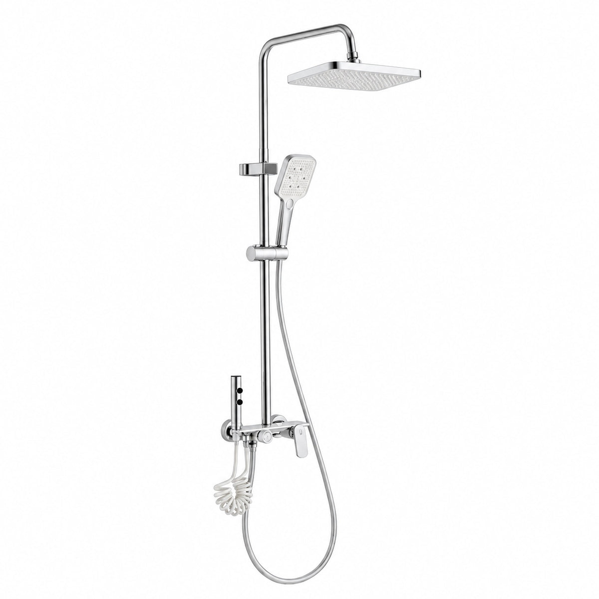 4‑function shower set, silver finish with square rain head and spray gun
