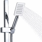 Close‑up of square handheld shower spray, swivel chrome connector