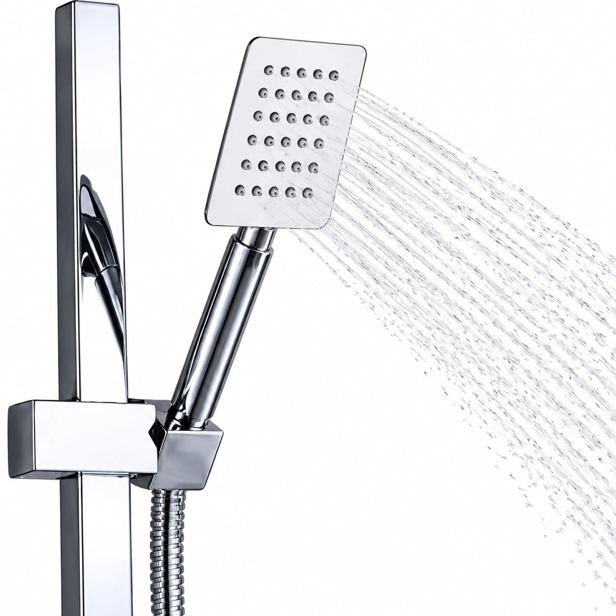 Close‑up of square handheld shower spray, swivel chrome connector