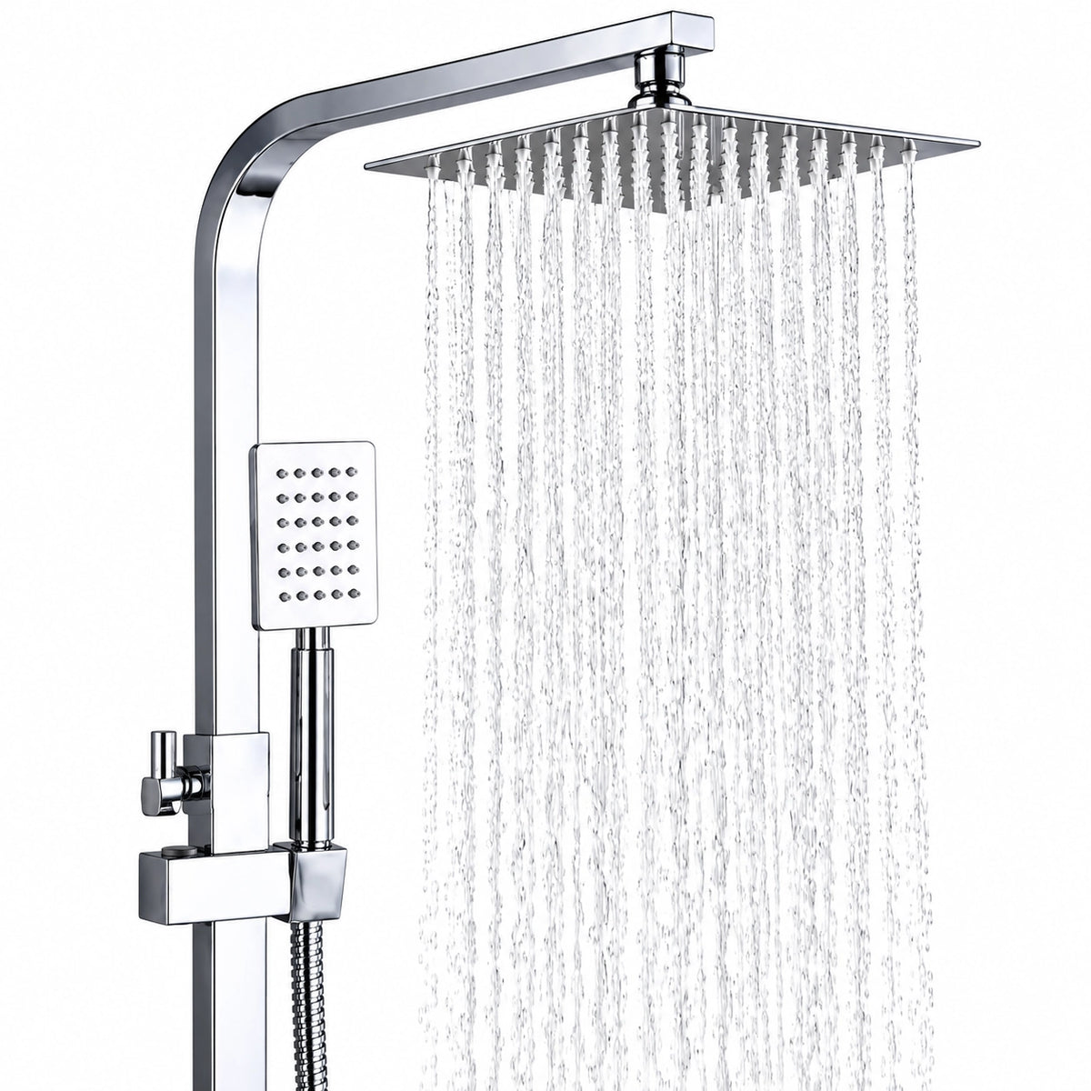 Square rain shower spray view, thick chrome shower arm detail