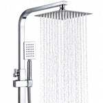 Square rain shower spray view, thick chrome shower arm detail