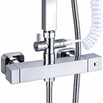 Thermostatic valve close‑up, diverter and spring hose connection
