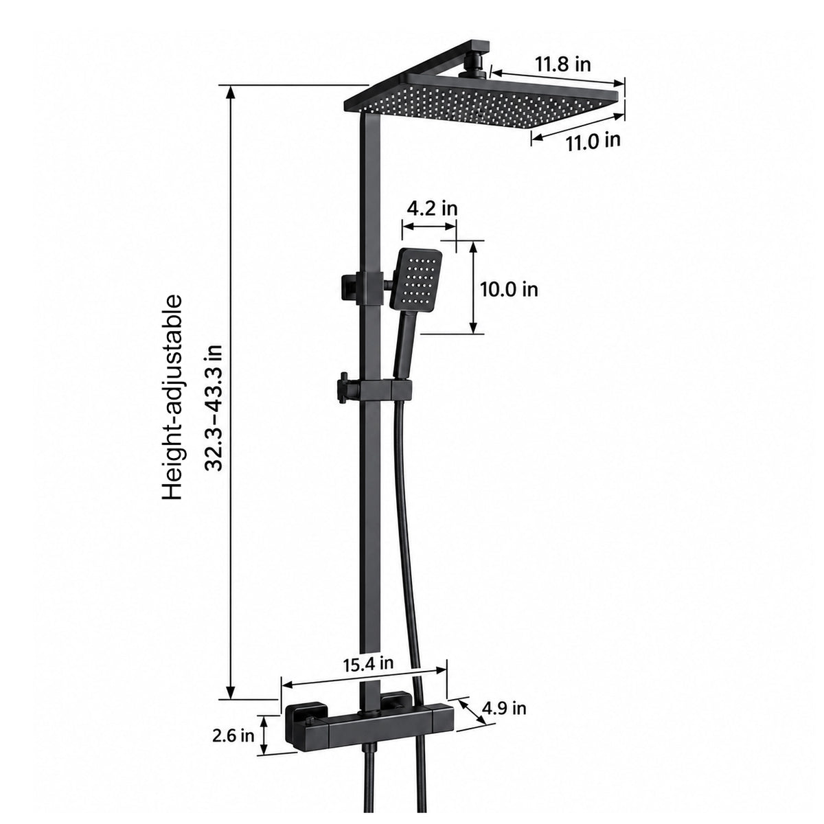 Matte black square shower set, slide bar adjustable height 32.3–43.3 in; rain head 11.8×11.0 in; handheld shower 10.0 in; valve 15.4×2.6 in, depth 4.9 in