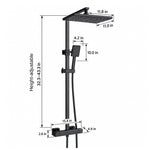 Matte black square shower set, slide bar adjustable height 32.3–43.3 in; rain head 11.8×11.0 in; handheld shower 10.0 in; valve 15.4×2.6 in, depth 4.9 in