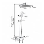 Polished chrome square shower set, slide bar adjustable height 32.3–43.3 in; rain head 11.8×11.0 in; handheld shower 10.0 in; valve 15.4×2.6 in, depth 4.9 in