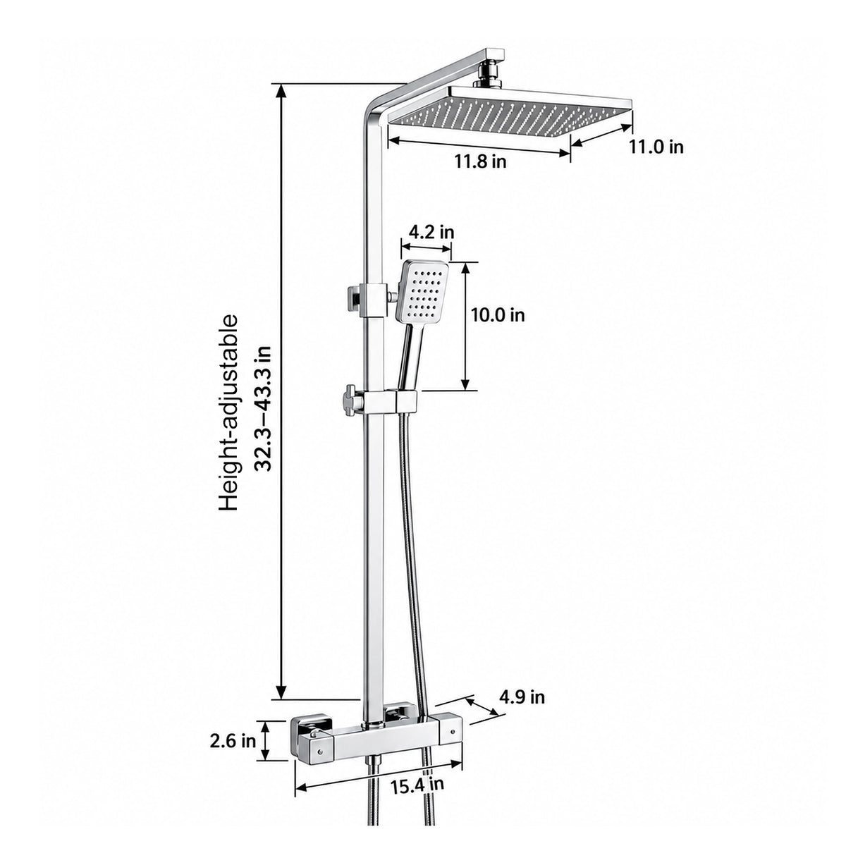 Polished chrome square shower set, slide bar adjustable height 32.3–43.3 in; rain head 11.8×11.0 in; handheld shower 10.0 in; valve 15.4×2.6 in, depth 4.9 in