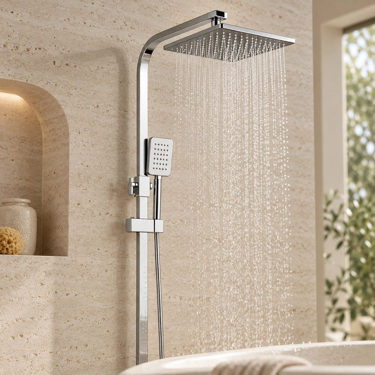 Silver dual-function shower system, in stone bathroom with recessed niche