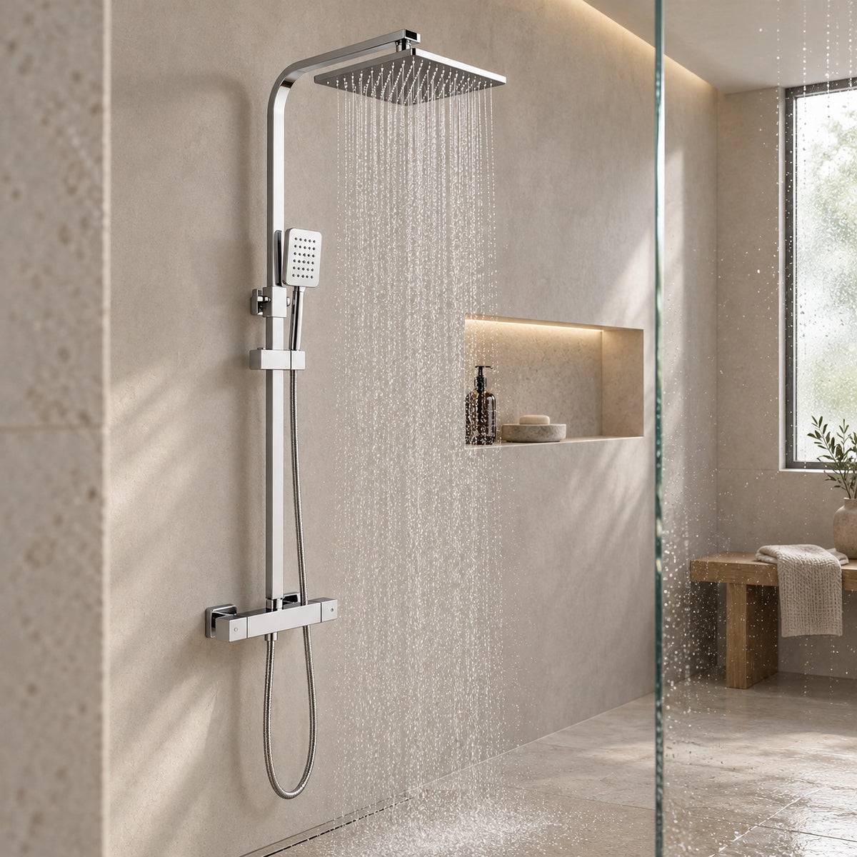 Silver rain & handheld shower set, shower space with glass partition