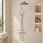 Thermostatic shower kit, displayed in light beige tiled bathroom