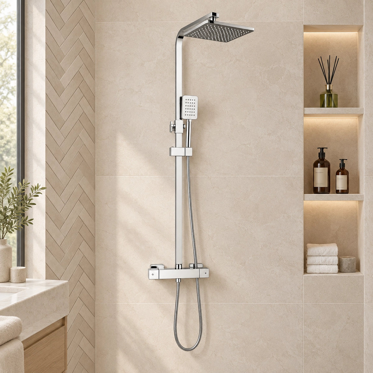 Thermostatic shower kit, displayed in light beige tiled bathroom