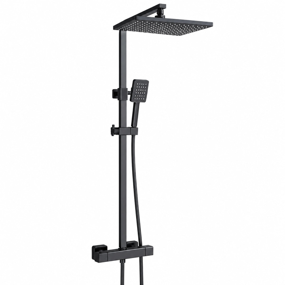 Matte black thermostatic shower set, square rain head & handheld combo