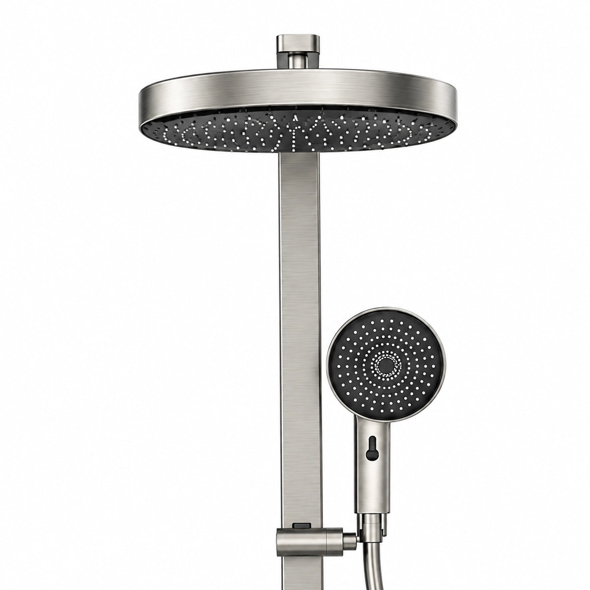 Close‑up, gunmetal round rain head and multi‑mode handheld shower