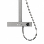 Gunmetal shower valve close‑up, button diverter and adjustment knob