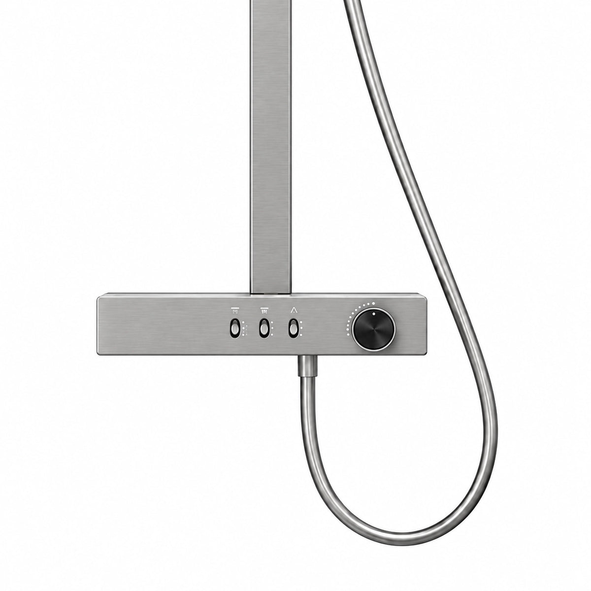 Gunmetal shower valve close‑up, button diverter and adjustment knob