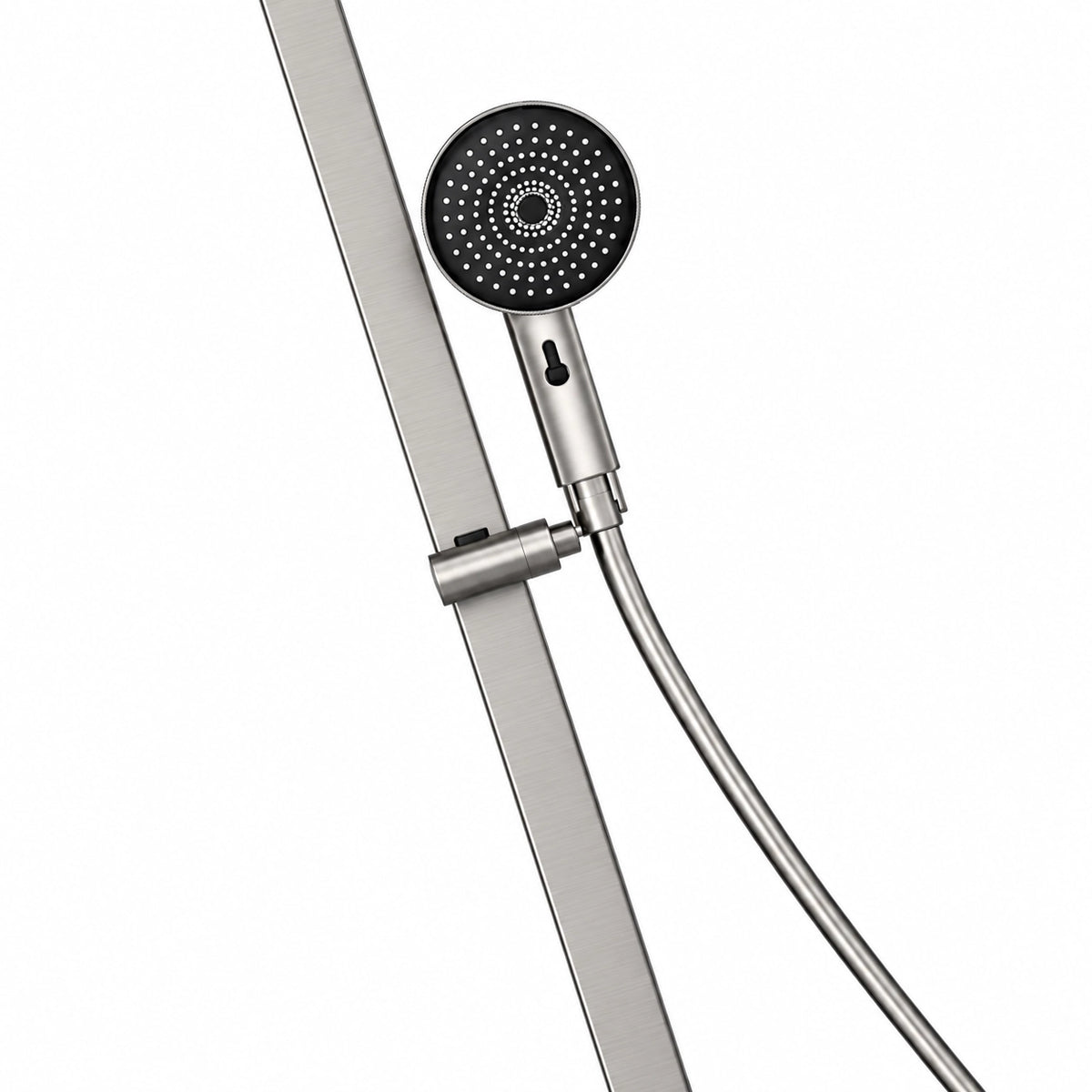 Gunmetal handheld shower slider bracket, swivel joint and hose detail