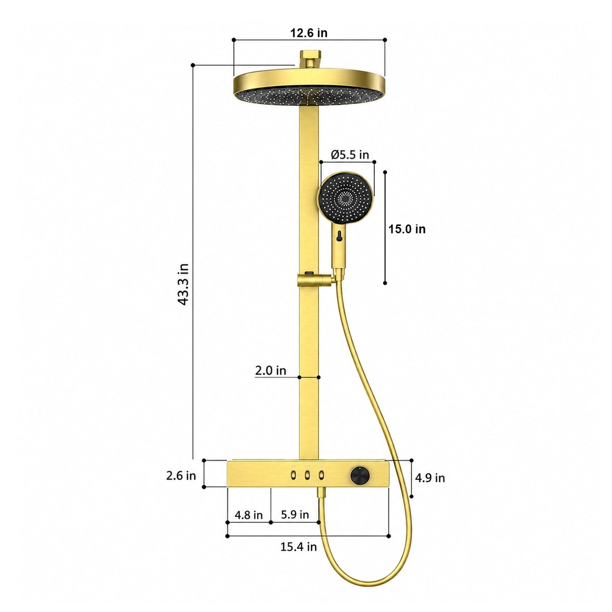 Brushed gold shower set with round rain head. Rain head 12.6 in, handheld  5.5 in. Total height 43.3 in. Valve 15.4×2.6 in, depth 4.9 in. Slide bar width 2.0 in