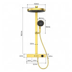Brushed gold shower set with round rain head. Rain head 12.6 in, handheld  5.5 in. Total height 43.3 in. Valve 15.4×2.6 in, depth 4.9 in. Slide bar width 2.0 in