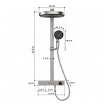Brushed gray shower set with square rain head. Rain head 12.6 in, handheld  5.5 in. Total height 43.3 in. Valve 15.4×2.6 in, depth 4.9 in. Slide bar width 2.0 in