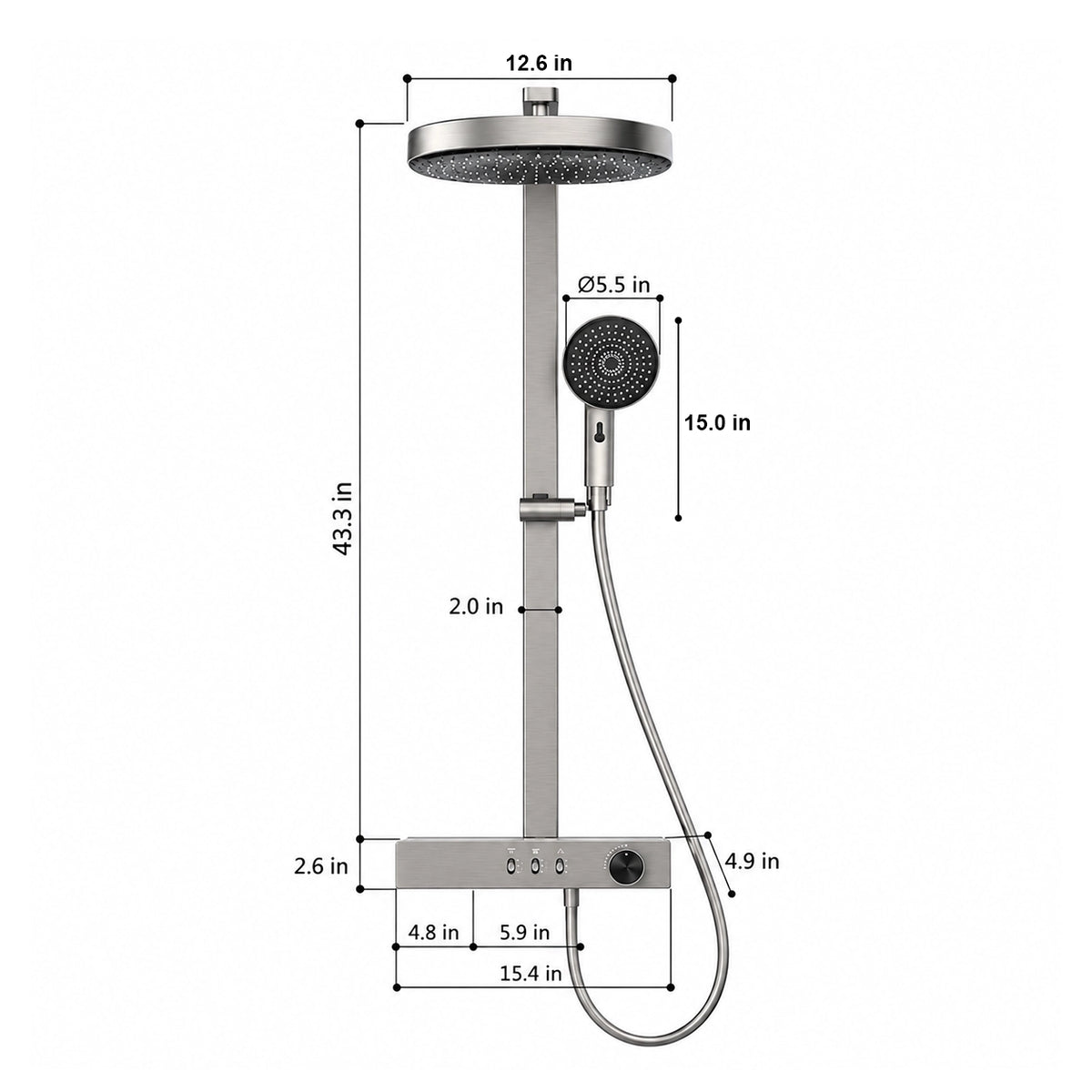 Brushed gray shower set with square rain head. Rain head 12.6 in, handheld  5.5 in. Total height 43.3 in. Valve 15.4×2.6 in, depth 4.9 in. Slide bar width 2.0 in