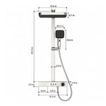 Brushed silver shower set with round rain head. Rain head 12.6 in, handheld  5.5 in. Total height 43.3 in. Valve 15.4×2.6 in, depth 4.9 in. Slide bar width 2.0 in