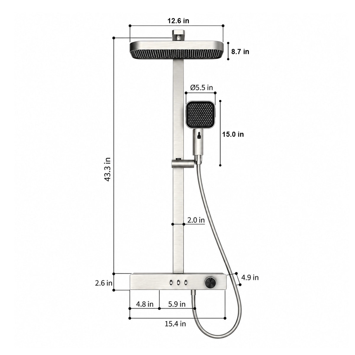 Brushed silver shower set with round rain head. Rain head 12.6 in, handheld  5.5 in. Total height 43.3 in. Valve 15.4×2.6 in, depth 4.9 in. Slide bar width 2.0 in