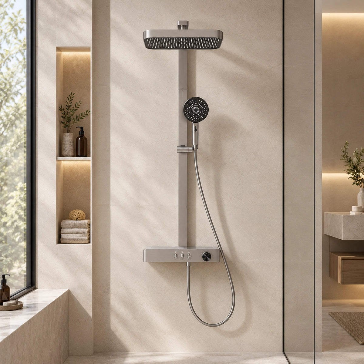 Brushed gunmetal shower system, mounted in beige shower area with recessed niches