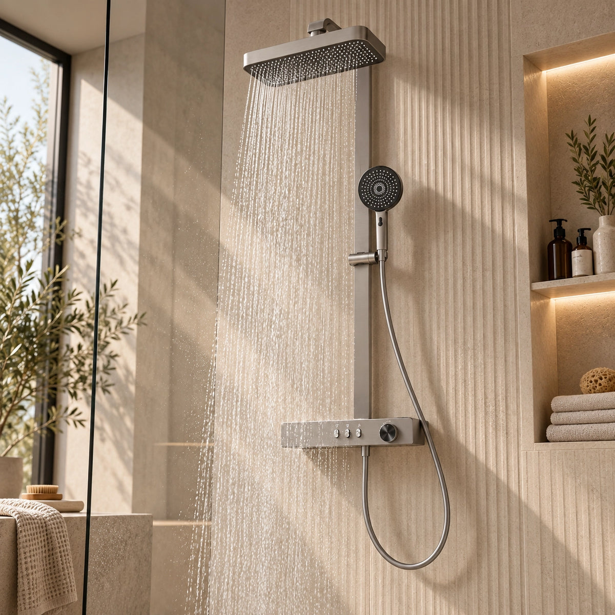 Gunmetal rain & handheld shower set, water spray display in stone tile bathroom