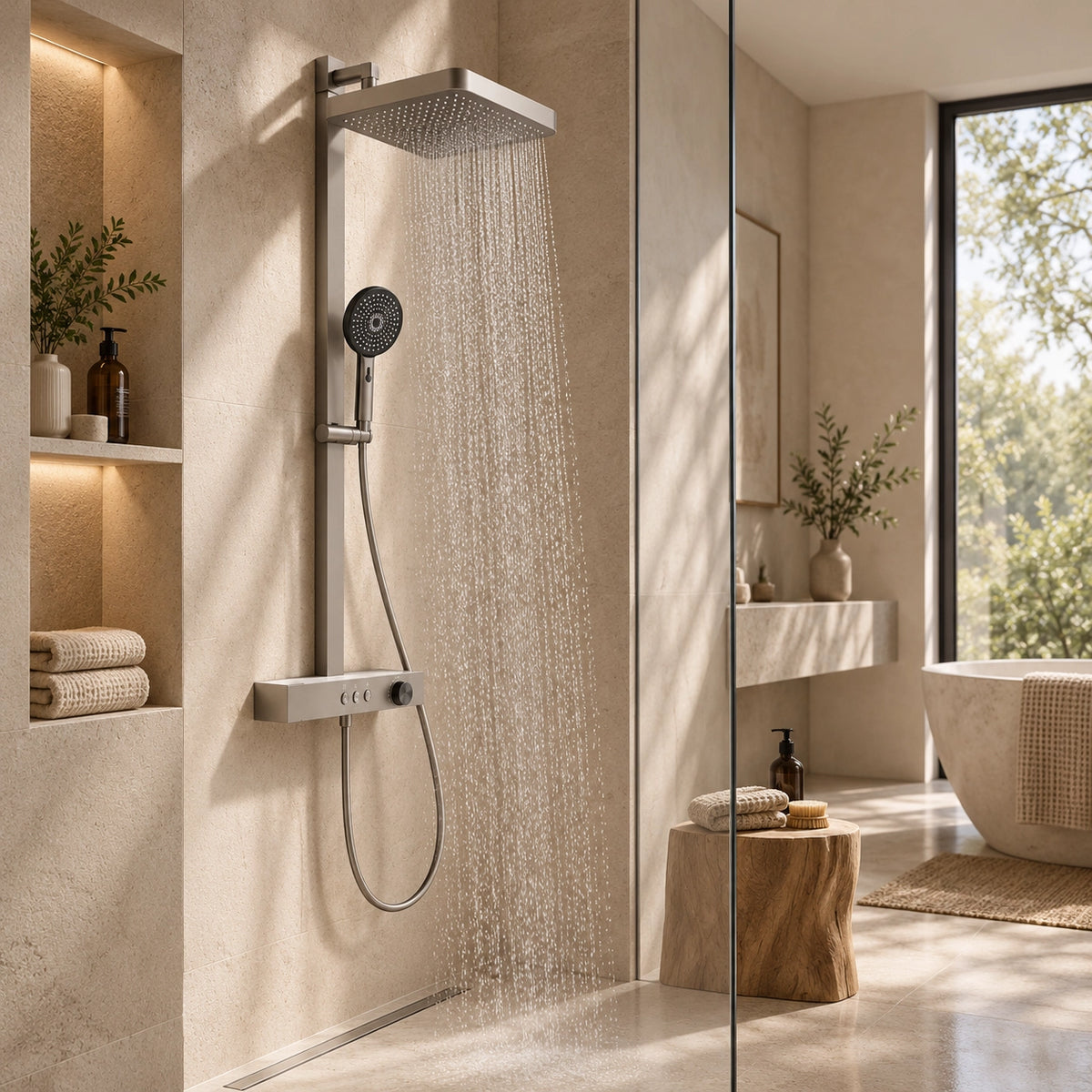 Gunmetal shower kit, bathroom with glass partition and freestanding tub