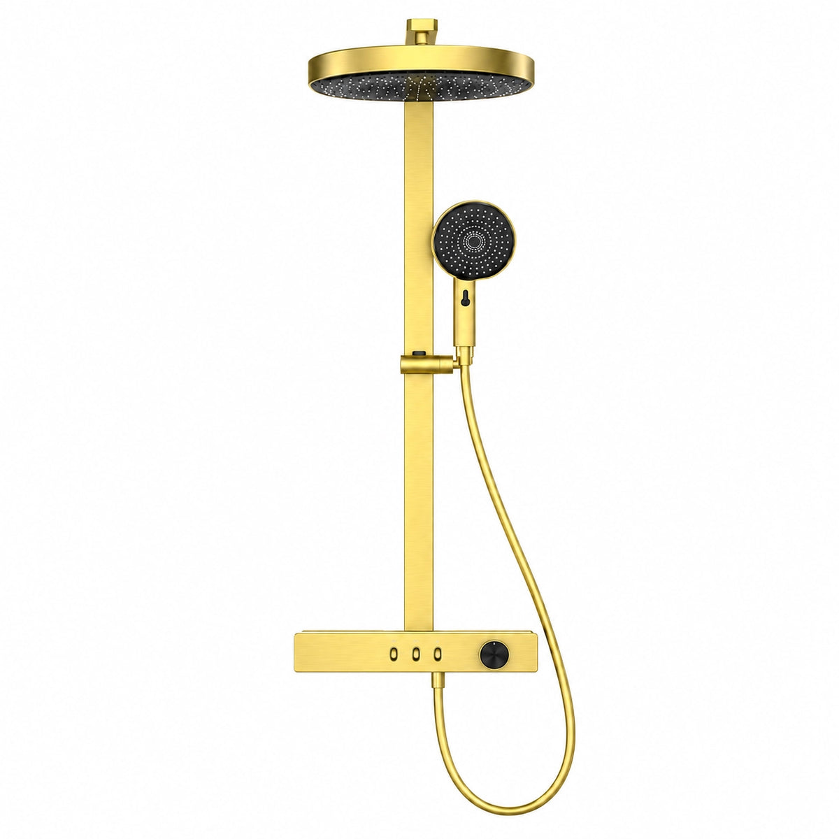 Brushed gold shower system, round rain head, matching slide bar and hose