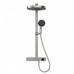 Brushed gray shower set, round rain head, slim square slide bar