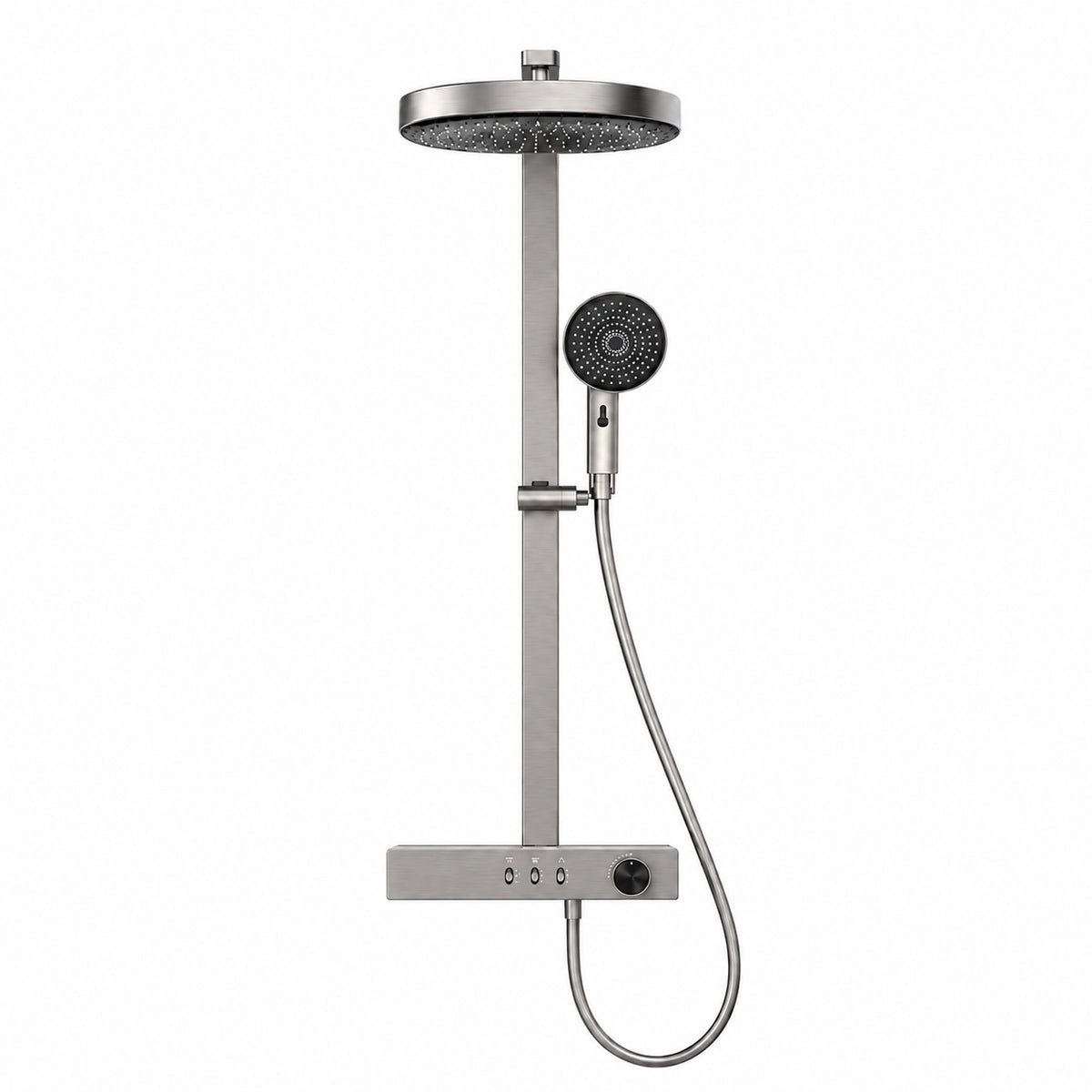 Brushed gray shower set, round rain head, slim square slide bar