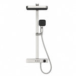 Brushed silver shower system, square rain head, flat deck valve with buttons